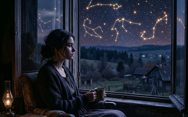 Solitary figure by a window gazing at zodiac constellations in the night sky