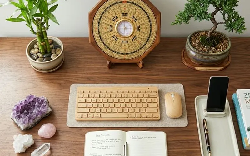 Feng shui work desk with compass and plants