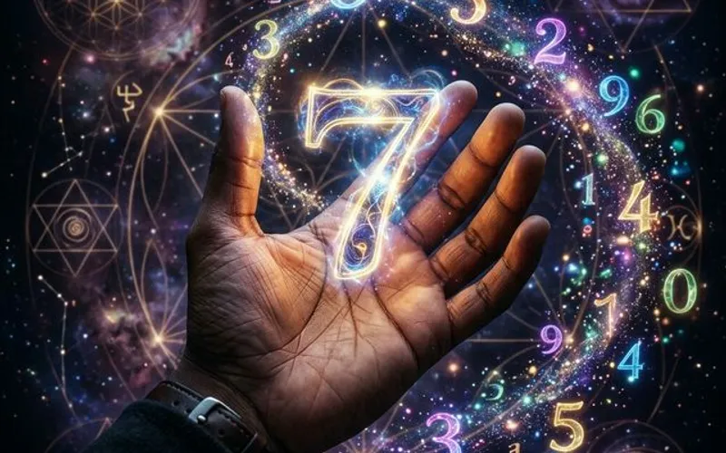 Hand holding glowing number in cosmic energy